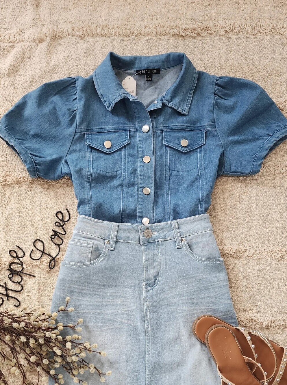 Denim Puff-Sleeve Button Front Top - Blue